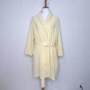 ESLEEP Vintage Seersucker Midi Robe L/XL Yellow White Tie Front Pockets
